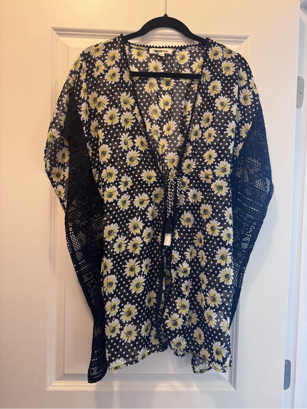 Women’s Black Floral Polka Dot Crochet Kimono Style Swim Cover-Up